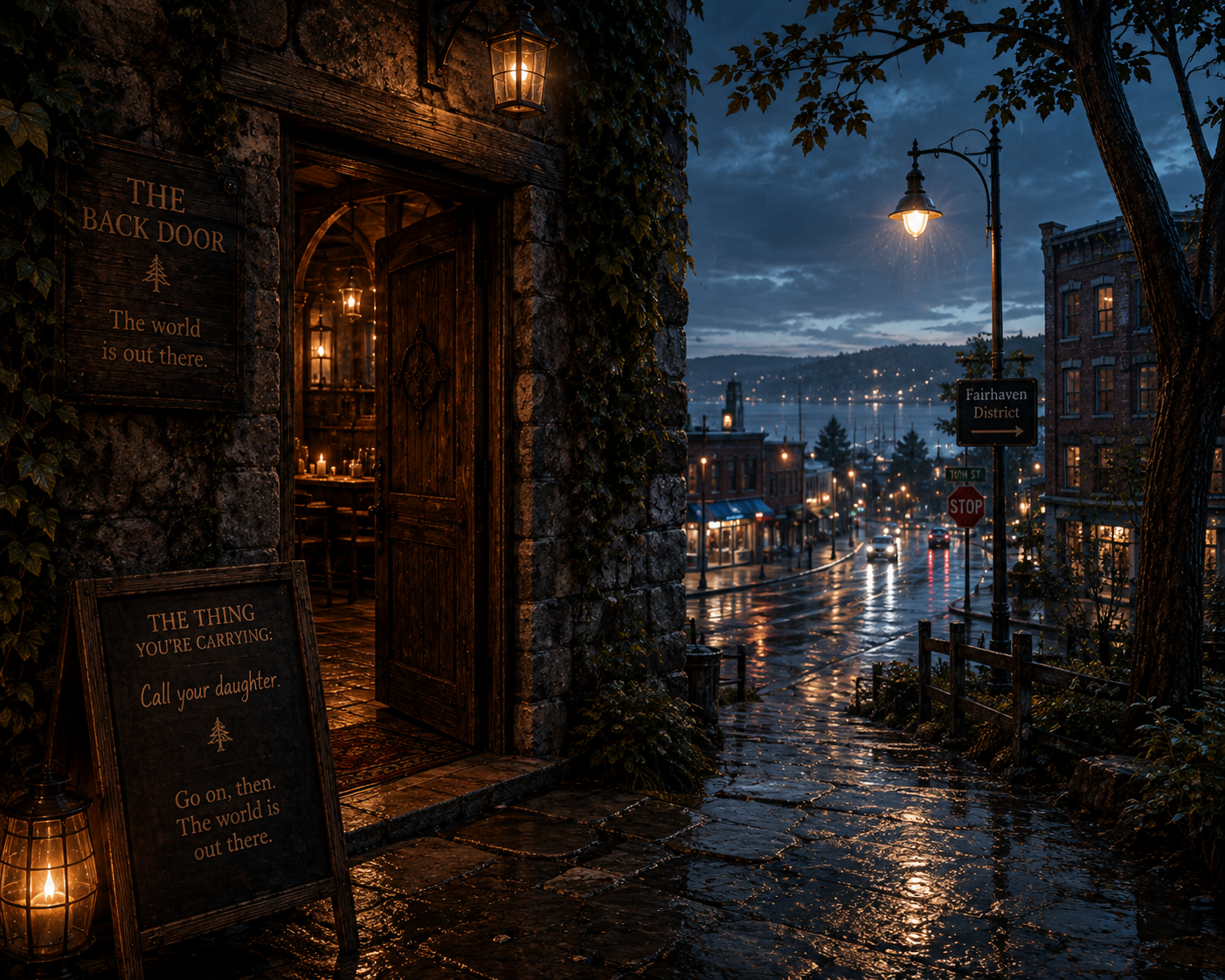The open wooden pub doorway beside a rainy Fairhaven street